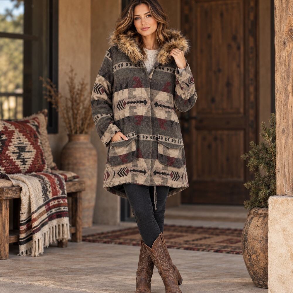 Gray Saks Fifth Avenue Southwestern Aztec Pattern Gray Hooded Parka Coat Large